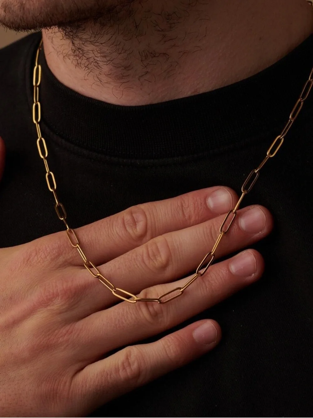 Men’s Gold Stainless Steel Waterproof Paperclip Chain Necklace Men’s Necklace